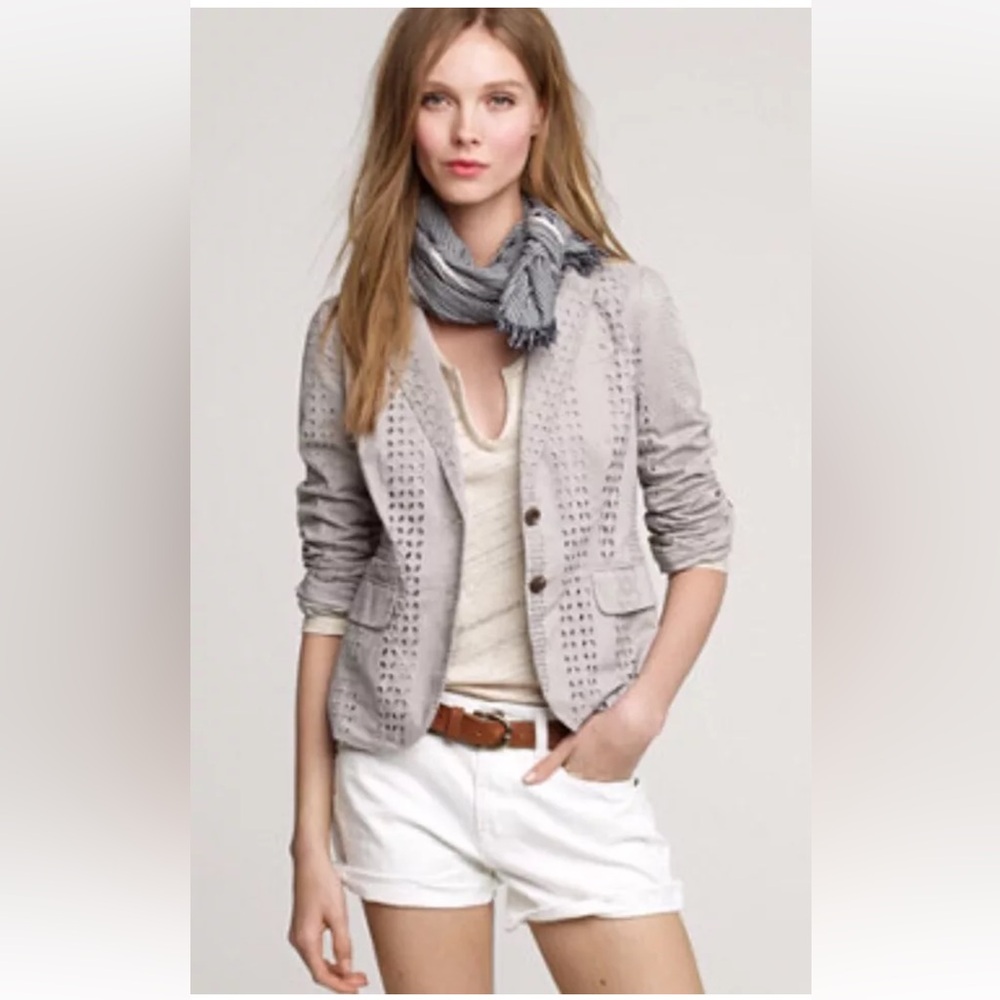 J.CREW The SchoolBoy 100% Cotton Blazer In Eyelet Taupe Beige Tan Jacket  Sz 8